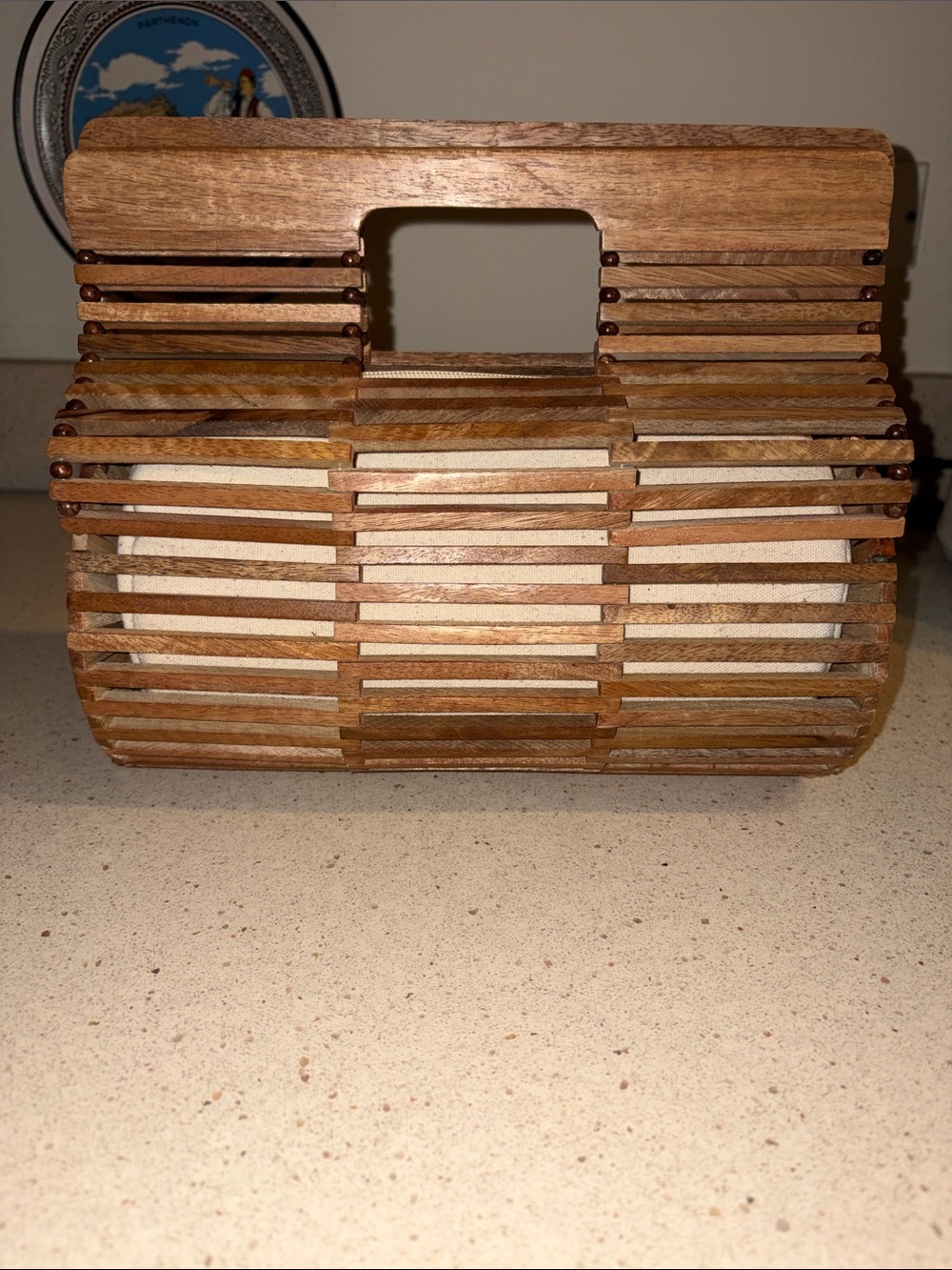 Wood Slat Handbag with Cream Fabric Lining